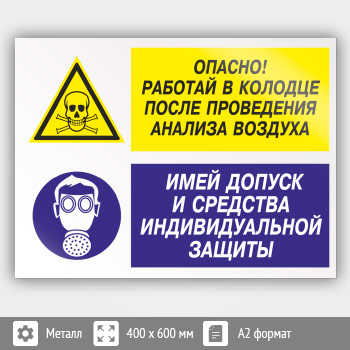 Знак «Опасно - работай в колодце после проведения анализа воздуха. Имей допуск и средства индивидуальной защиты», КЗ-40 (металл, 600х400 мм)